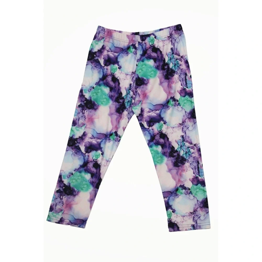 Teen Girls  Watercolor Marble Print‎ Capri Leggings Purple Teal  Size Small